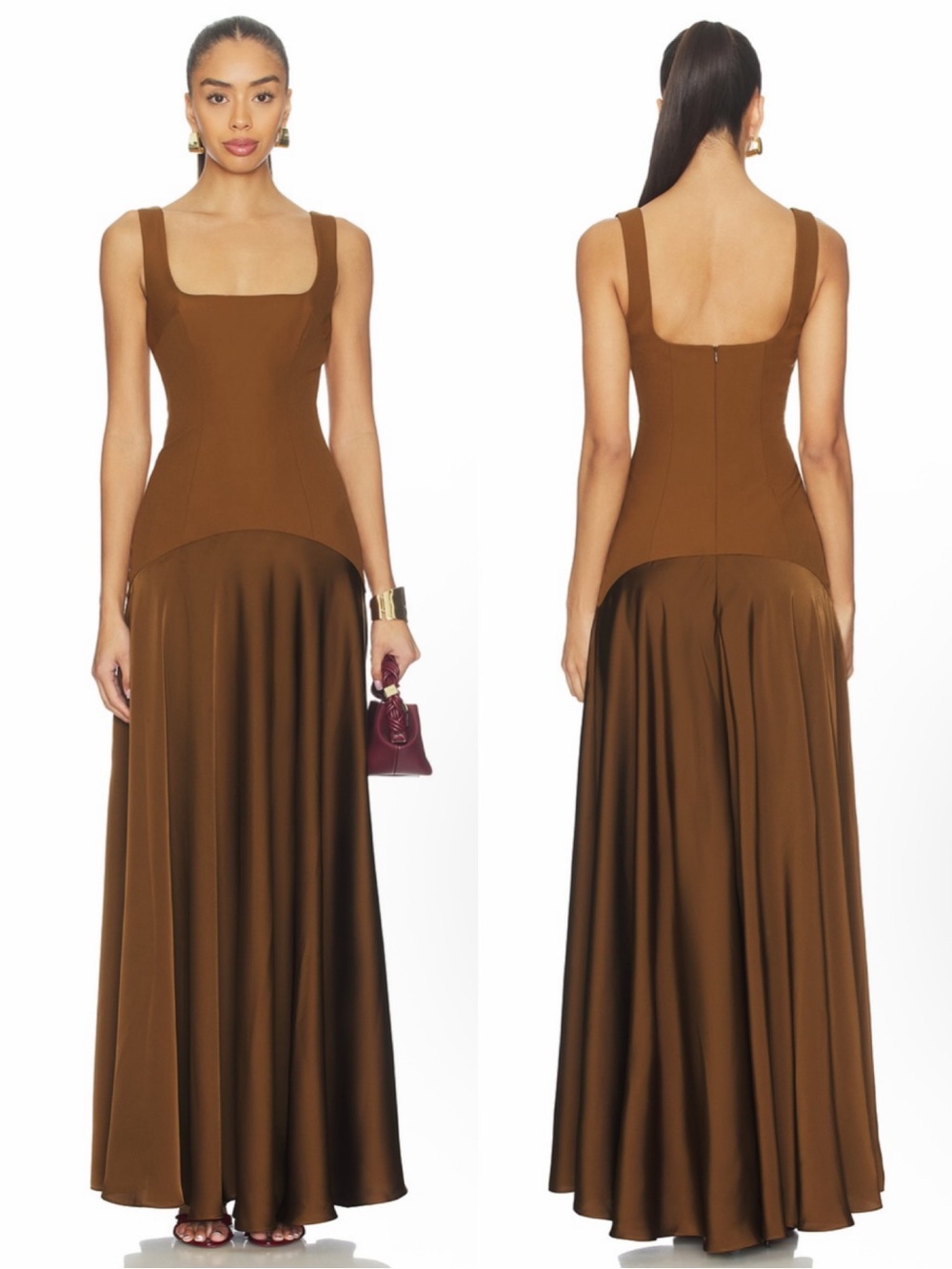 L'Academie Sidney Gown in Chocolate Brown square-neck Maxi Dress Size Small NEW!
